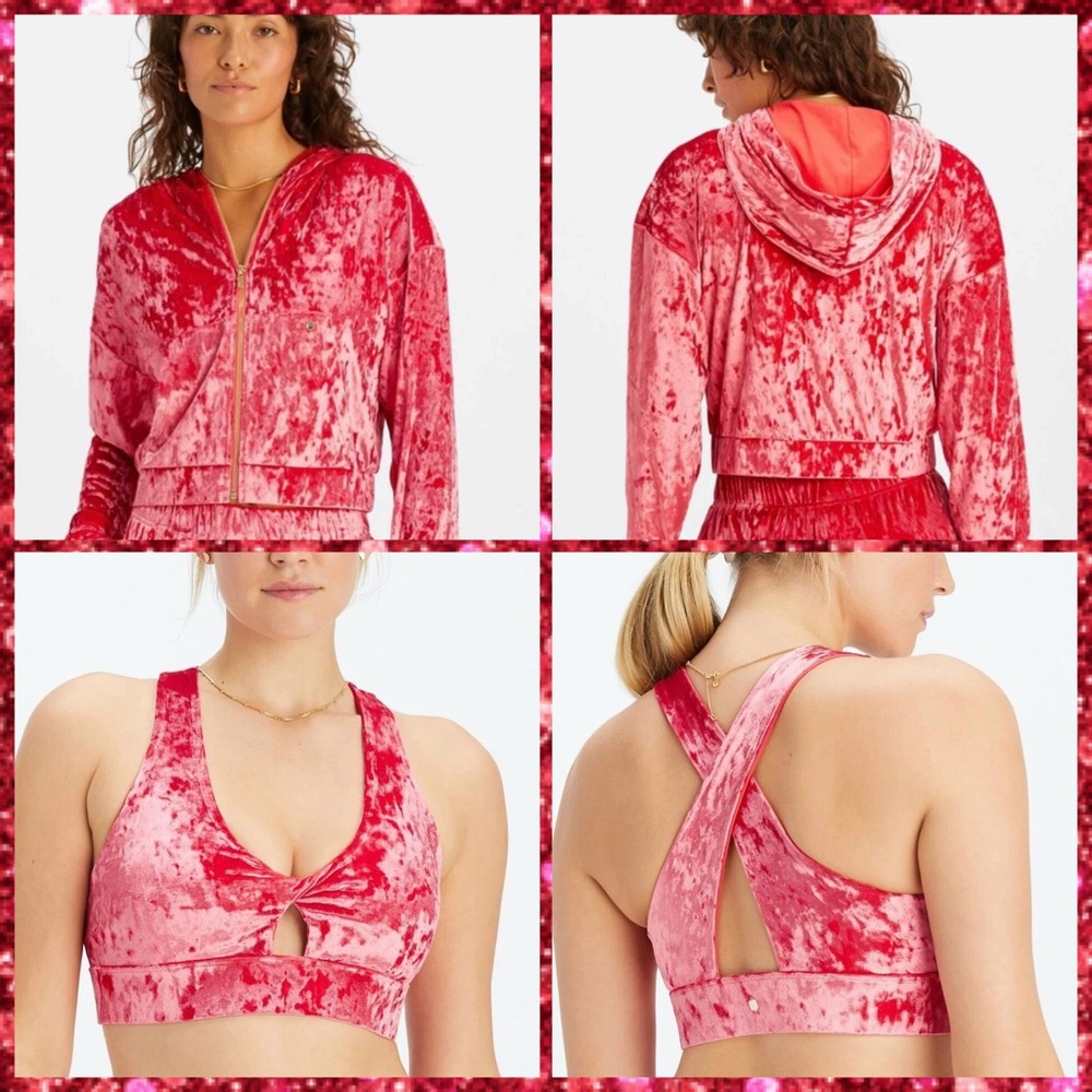 Fabletics Strawberry Red Crushed Velour Sports Bra & Cropped Hoodie - S & XS